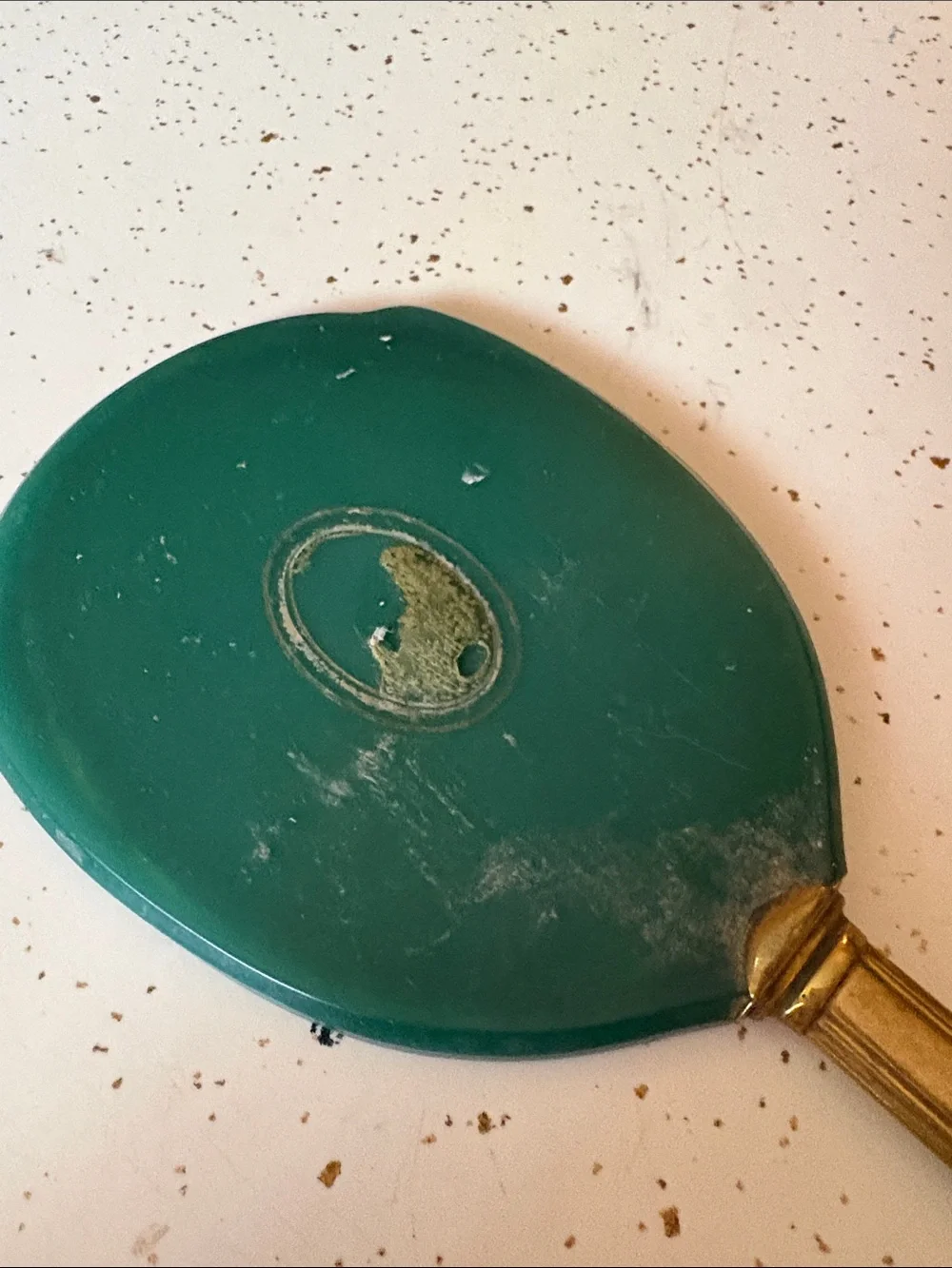 Green and Brass Handheld Vanity Mirror -Vintage